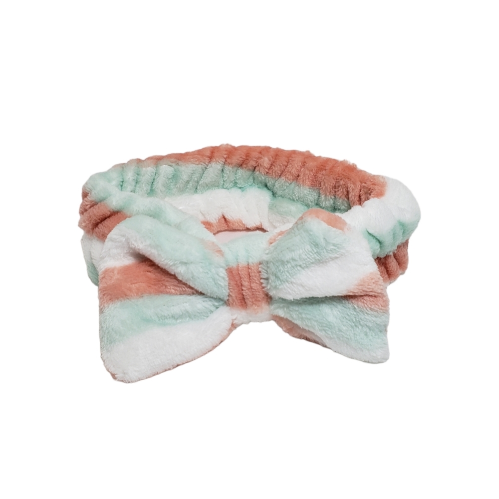 Plush Fleece Stripe Spa Facial Make Up Headband Hairband OS Mint Coral White
